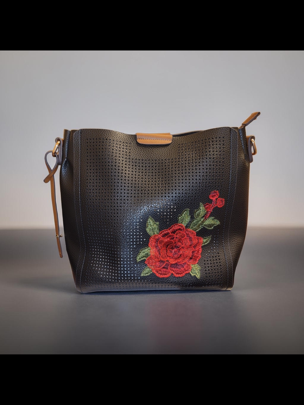 Noatd Black Floral Embroidered Faux Leather Shoulder Bag